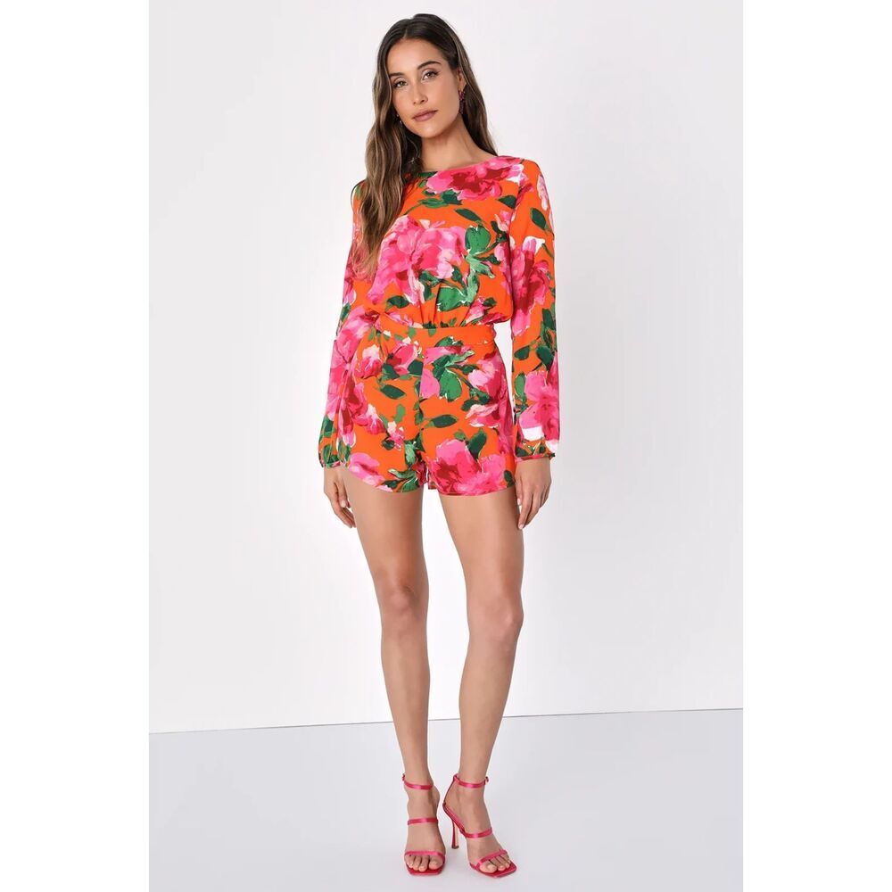 LULUS Sweetest Song Orange Floral Print Romper Sz Large Backless Long Sleeve NWT - Picture 5 of 13
